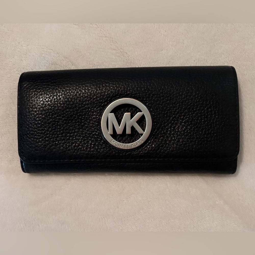 Michael Kors Black Leather Wallet with Silver Emblem